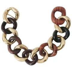 wanderlust beaded bracelet-Alternating Multi Wood and Gold Curved Link Bracelet