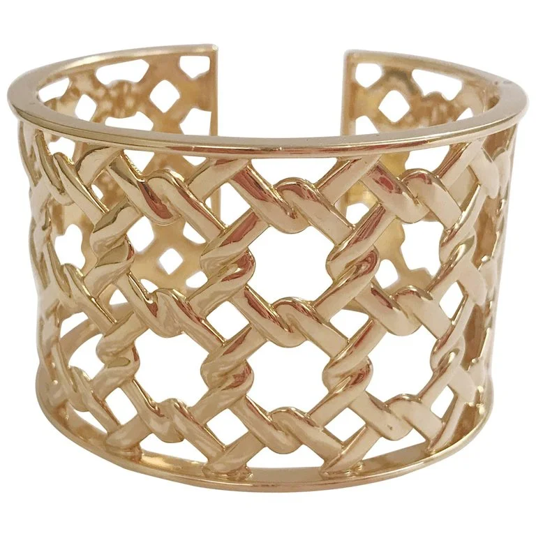 heavy statement bracelet-Basket Weave Yellow Gold Hinged Cuff Bracelet