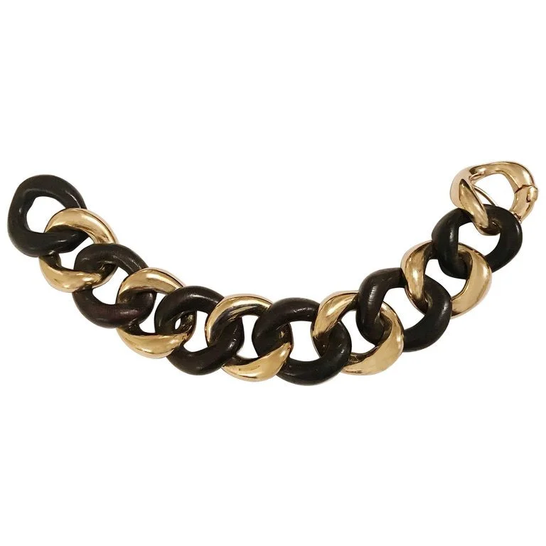 wanderlust turquoise bracelet-Elegant Alternating Yellow Gold and Ebony Wood Curved Link Bracelet