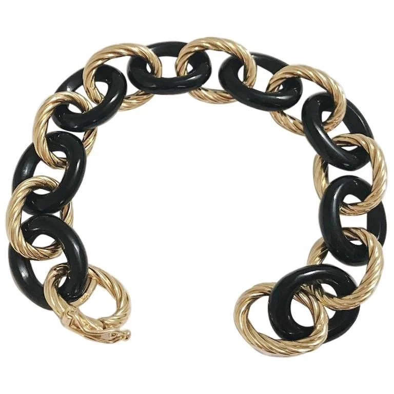 uncut gold bracelet-Elegant Alternating Yellow Gold Twist and Black Jade Link Bracelet