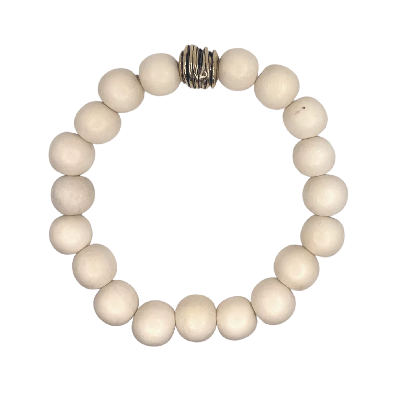 flow charm bracelet-Gold Artisan Wire Bead White Wood Round 10mm Bracelet