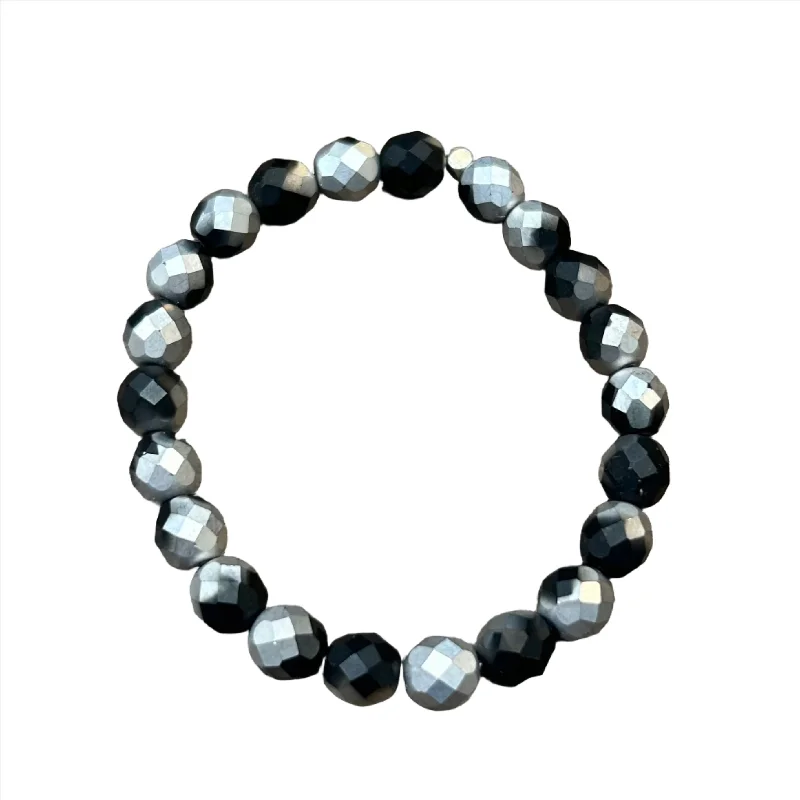 urban midnight bracelet-Matte Metallic Black and Silver Faceted 8mm Bracelet