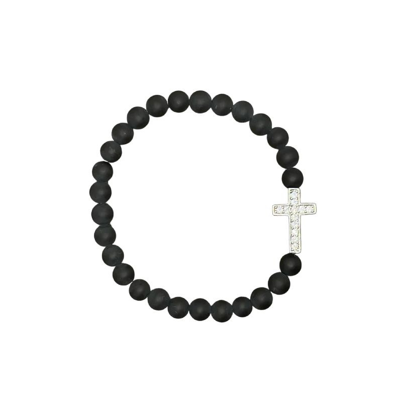 midnight diamond bracelet-Small Silver Pave Cross Matte Black 6mm Bracelet