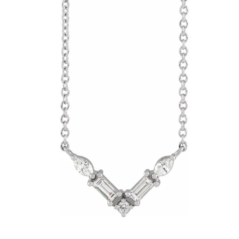 14K White Gold 1/6 CTW Diamond V Shaped Bar Necklace, 16 or 18 Inch