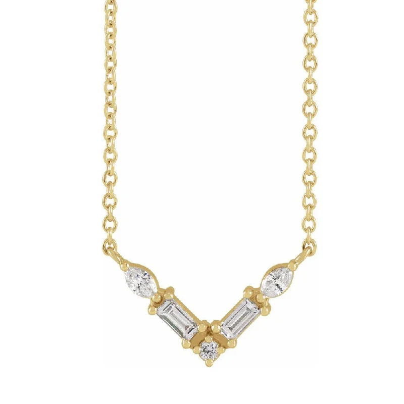 ornate trellis necklace-14K Yellow Gold 1/6 CTW Diamond V Shaped Bar Necklace, 16 or 18 Inch