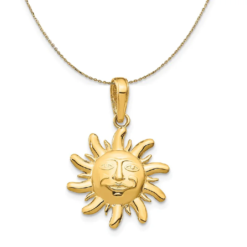 14k Yellow Gold 15mm Satin and Diamond Cut Sun Necklace