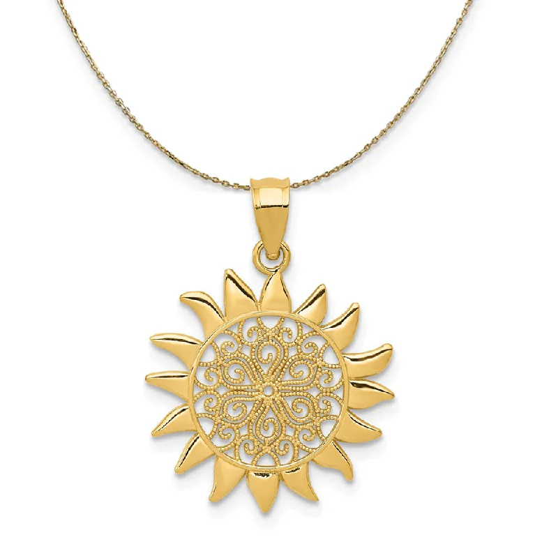 14k Yellow Gold 17mm Filigree Sun Necklace