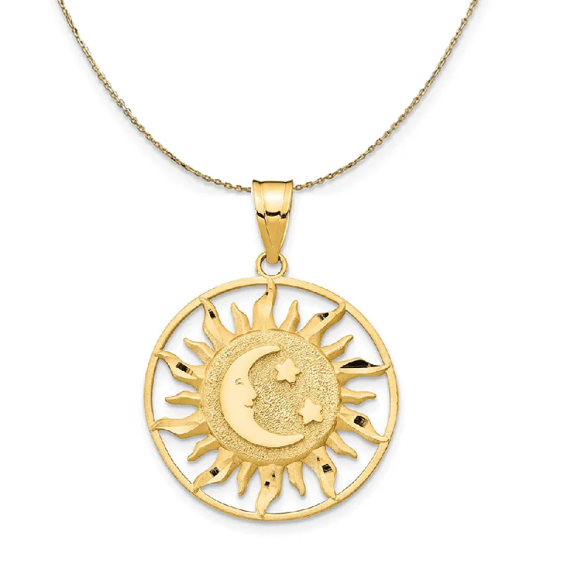 luxurious silver necklace-14k Yellow Gold 22mm Sun, Moon and Stars Circle Necklace