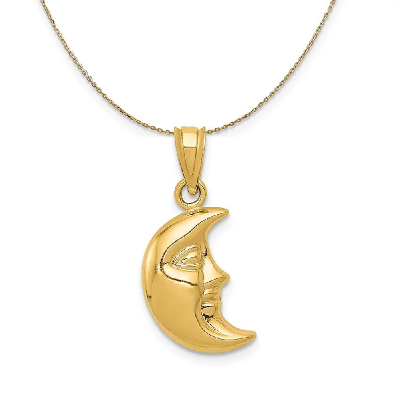 14k Yellow Gold 3D Crescent Moon Face Necklace