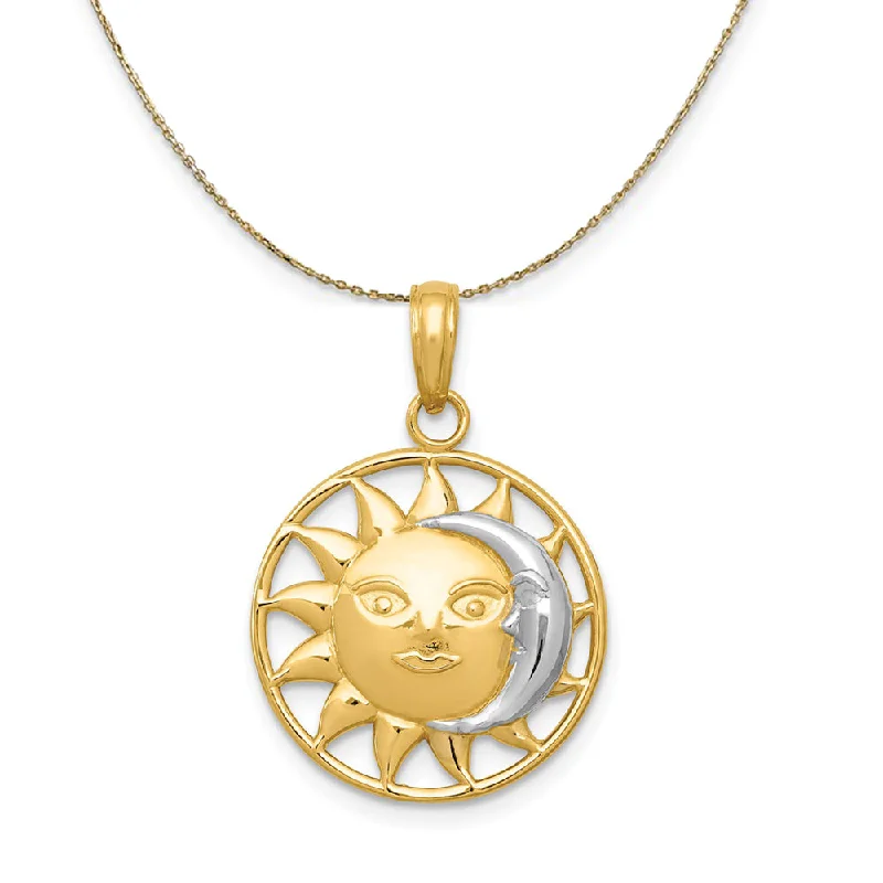 14k Yellow Gold & Rhodium 17mm Sun and Moon Circle Necklace