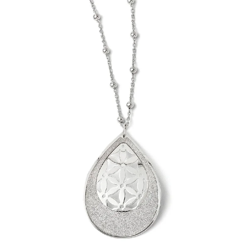 Glitter and Floral Teardrop Necklace in Sterling Silver, 17-19 Inch