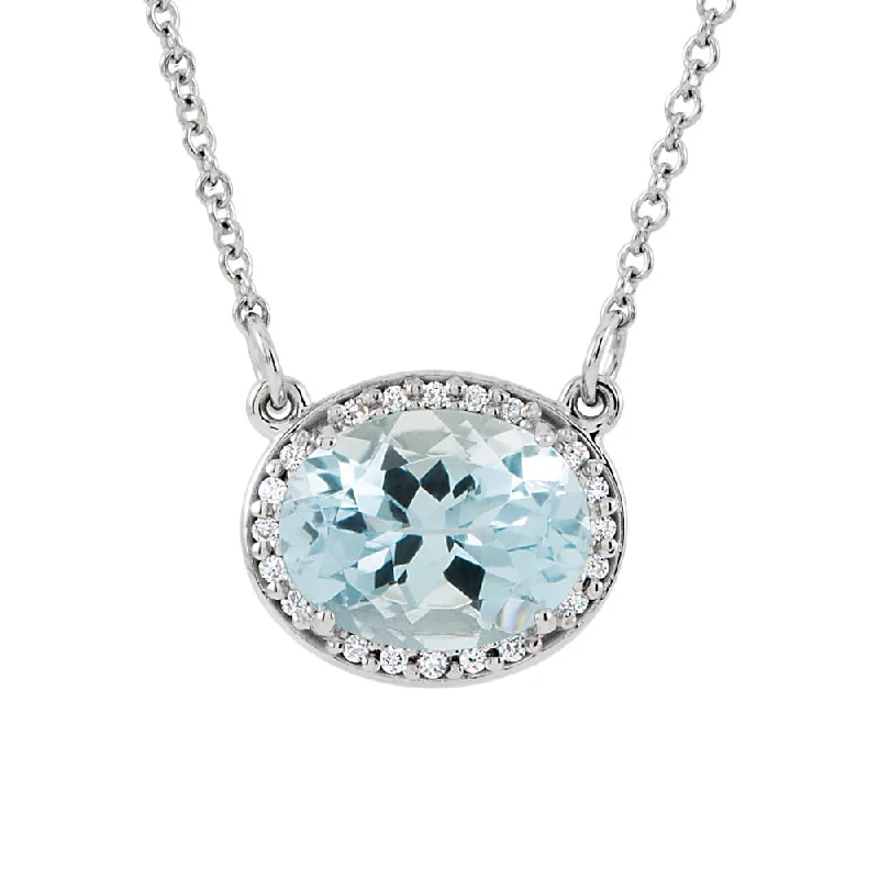 stellar star necklace-Oval Aquamarine & .05 Ctw Diamond Necklace in 14k White Gold, 16 Inch