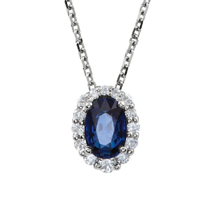 retro ruby pendant necklace-Oval Blue Sapphire &1/6 Ctw Diamond Halo 14k White Gold Necklace 18 In