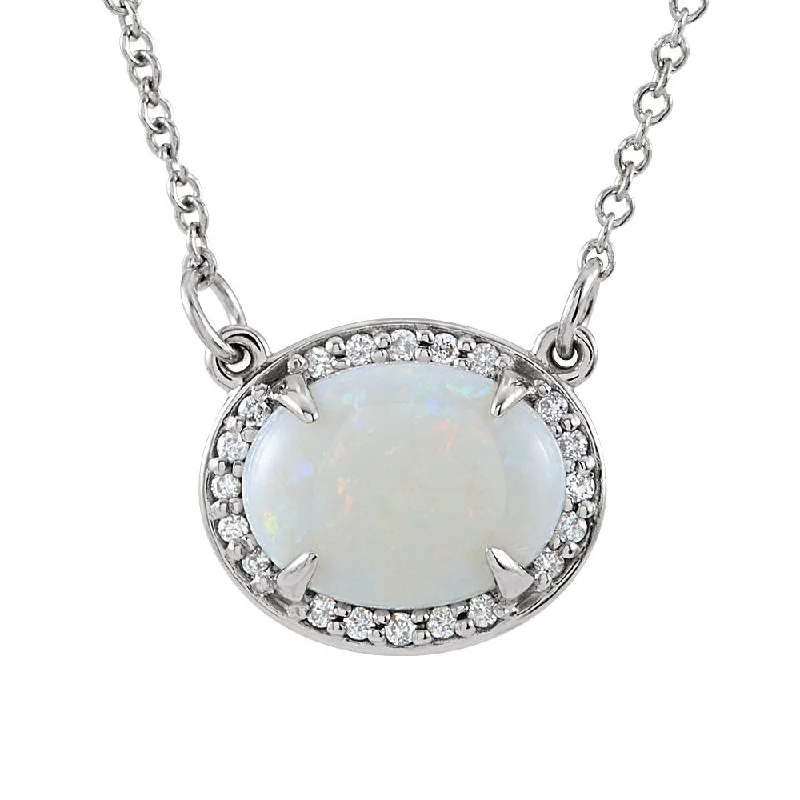 vibrant gold necklace-Oval White Opal & .05 Ctw Diamond 14k White Gold Necklace, 16.5 Inch