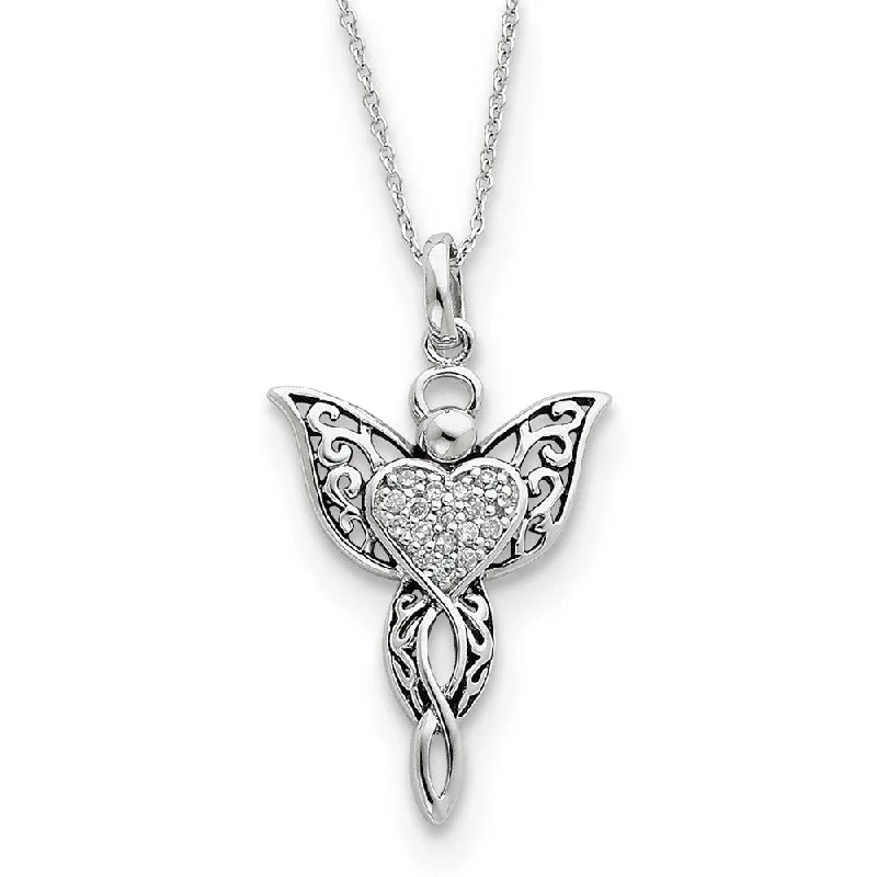 frond layered necklace-Rhodium Plated Sterling Silver & CZ Angel of Blessing Necklace, 18in