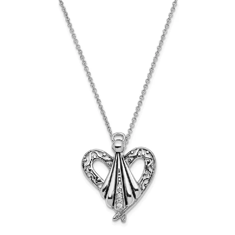 flow-shaped charm necklace-Rhodium Plated Sterling Silver & CZ Angel of Friendship Necklace, 18in