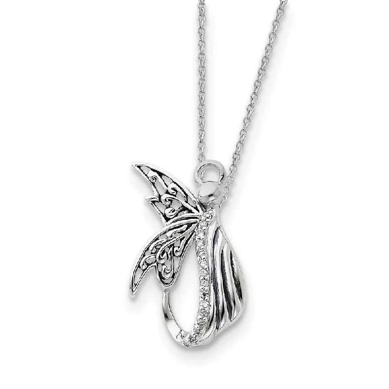 frond stamped necklace-Rhodium Plated Sterling Silver & CZ Angel of Perseverance Necklace