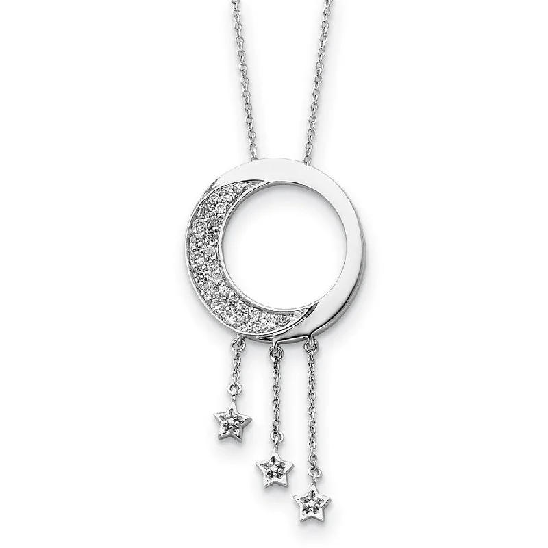 Rhodium Plated Sterling Silver & CZ Moon and Stars Necklace, 18 Inch