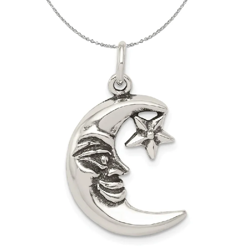 thin pendant necklace-Sterling Silver 2D Antiqued Crescent Moon and Star Necklace