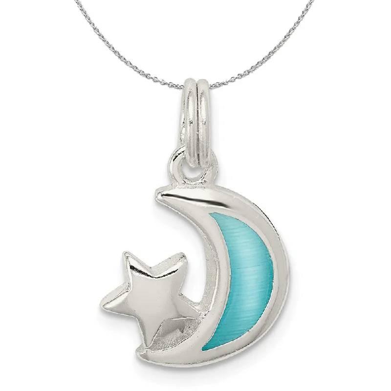 bendable gold necklace-Sterling Silver and Enameled Light Blue Moon and Star Charm Necklace