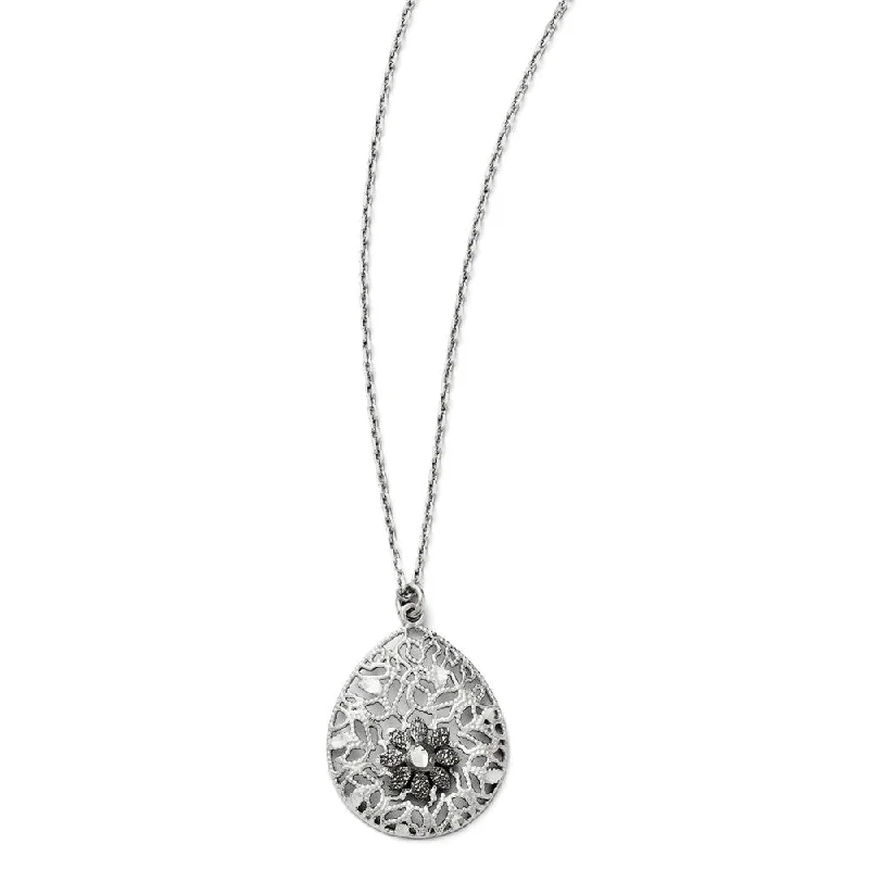 Two Tone Floral Teardrop Necklace in Sterling Silver, 16-18 Inch