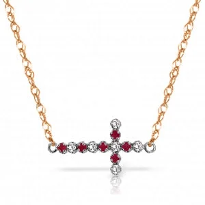 pearl knotted necklace-0.24 Carat 14K Solid Rose Gold Cross Necklace Diamond Ruby