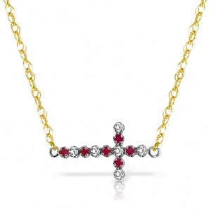 pewter chain necklace-0.24 Carat 14K Solid Yellow Gold Cross Necklace Diamond Ruby