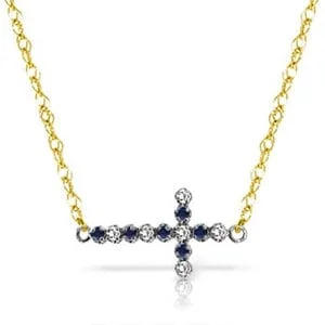 leafy-themed pendant necklace-0.24 Carat 14K Solid Yellow Gold Cross Necklace Diamond Sapphire