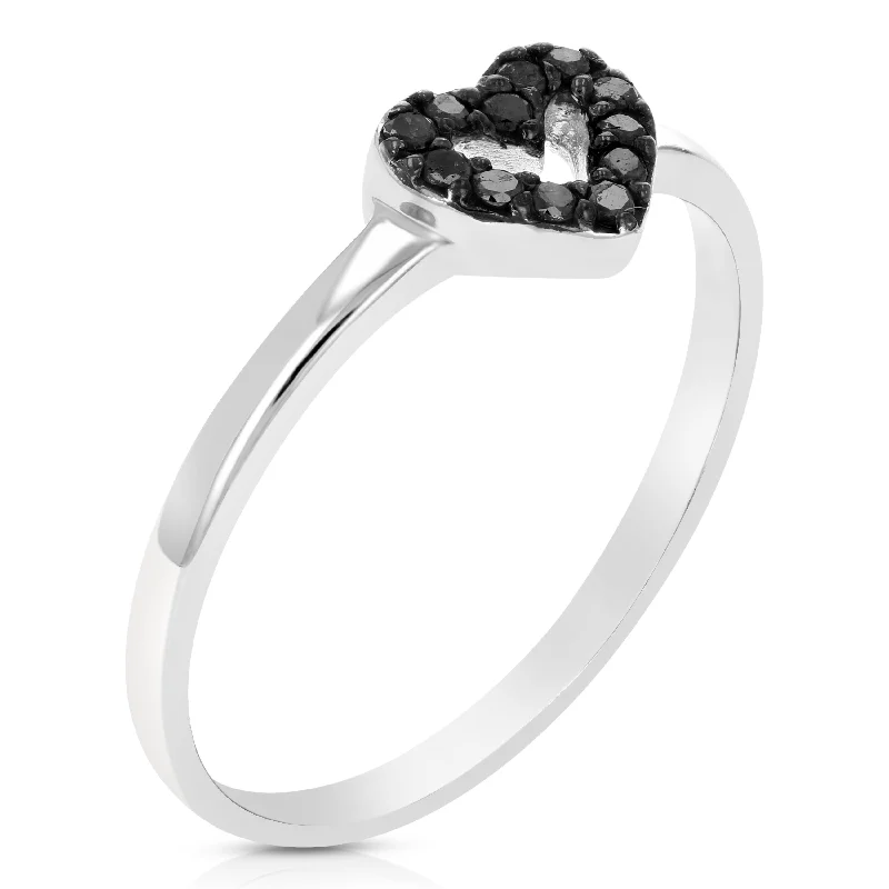 retro pearl ring-1/10 cttw Black Diamond Heart Shape Ring .925 Sterling Silver Rhodium