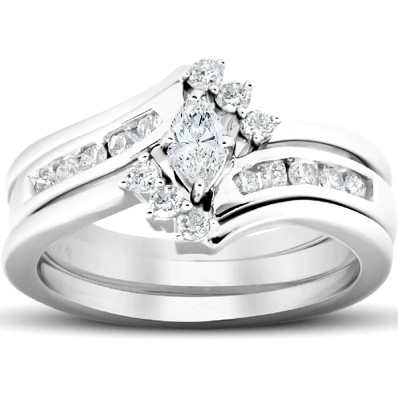 marquise cut diamond ring-1/2 Ct Marquise Diamond Engagement Trio Wedding Ring Set 10k White Gold