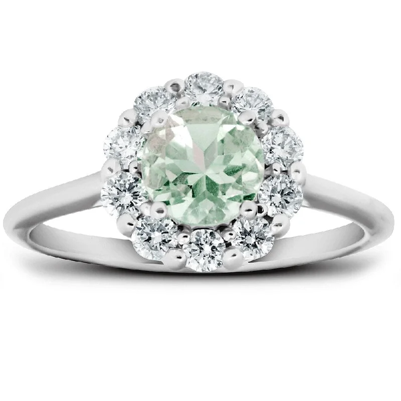 midnight diamond ring-1/2 Ct TDW Halo Diamond Genuine Green Amethyst Ring 14k White Gold