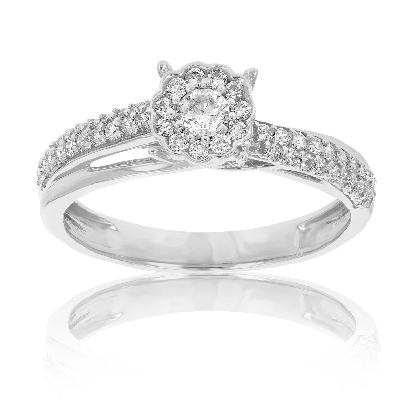 tarnished silver ring-1/2 cttw Diamond Engagement Ring 14K White Gold Cluster Composite Bridal Wedding