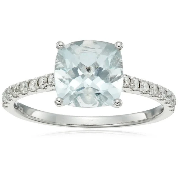 gleaming gold ring-10k White Gold Aquamarine Cushion Diamond Solitaire Ring, Size 7 - Blue