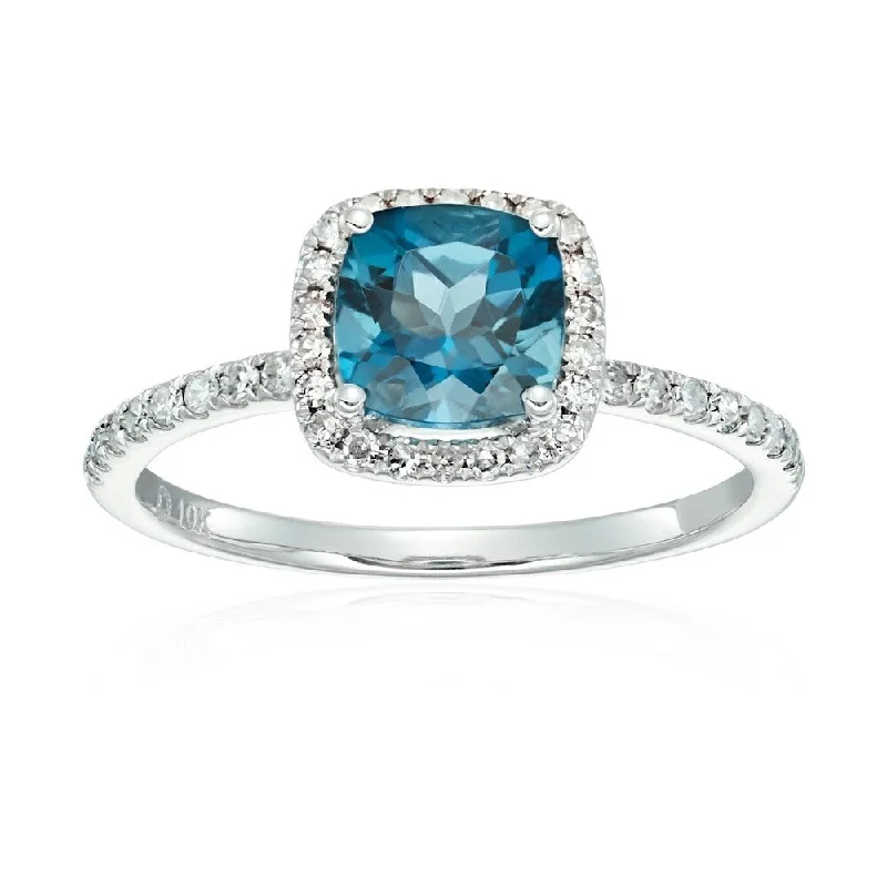 rose gold ten-ring-10k White Gold London Blue Topaz and Diamond Cushion Ring, Size 7