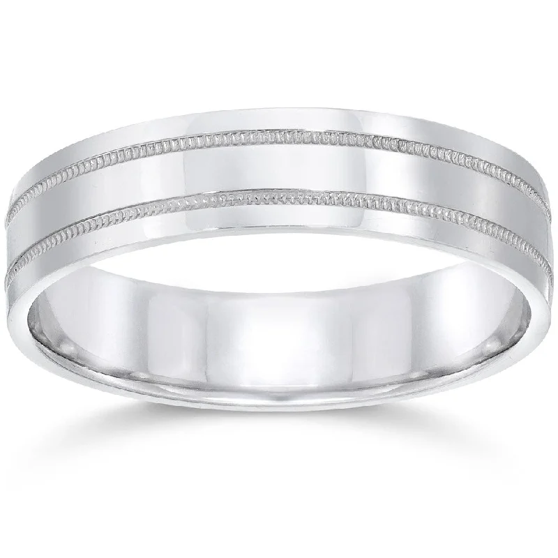 bendable infinity ring-10k White Gold Mens Band 5mm High Polished Doulbe Milgrain Wedding Ring