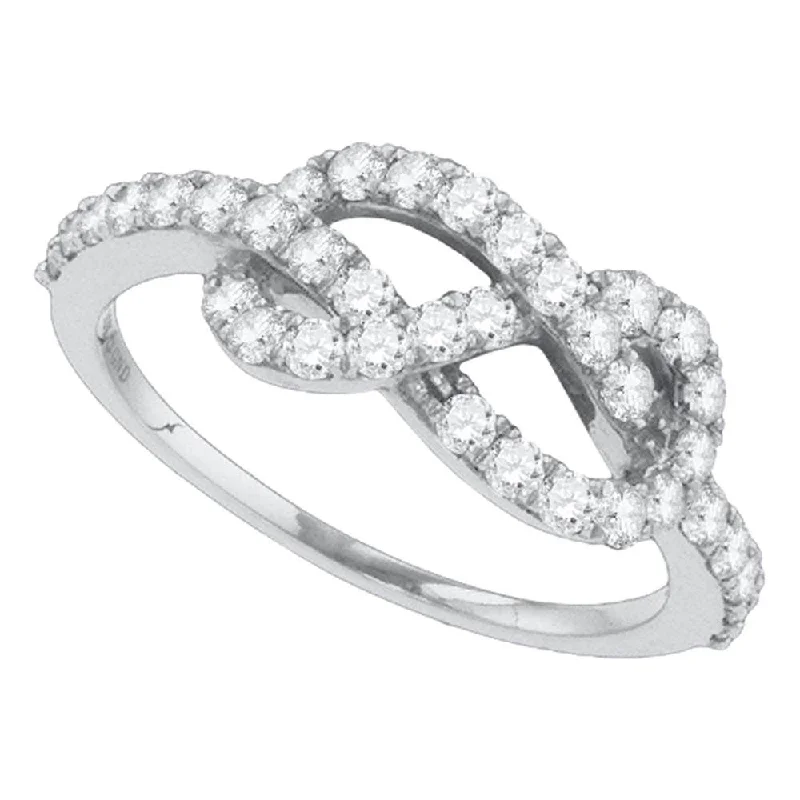 thin stacking ring-10k White Gold Womens Round Diamond Infinity Knot Woven Ring 3/4 Cttw