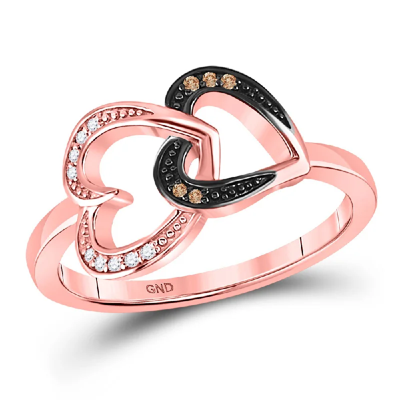 luxurious diamond ring-10kt Rose Gold Womens Round Brown Diamond Double Heart Ring 1/20 Cttw