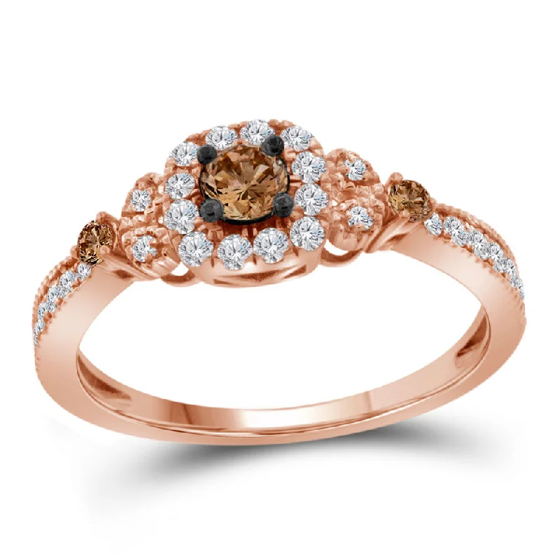 flow promise ring-10kt Rose Gold Womens Round Brown Diamond Solitaire Ring 1/2 Cttw