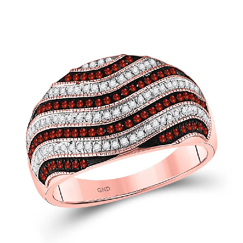 thin stacking ring-10kt Rose Gold Womens Round Red Color Enhanced Diamond Wave Stripe Ring 1/2 Cttw