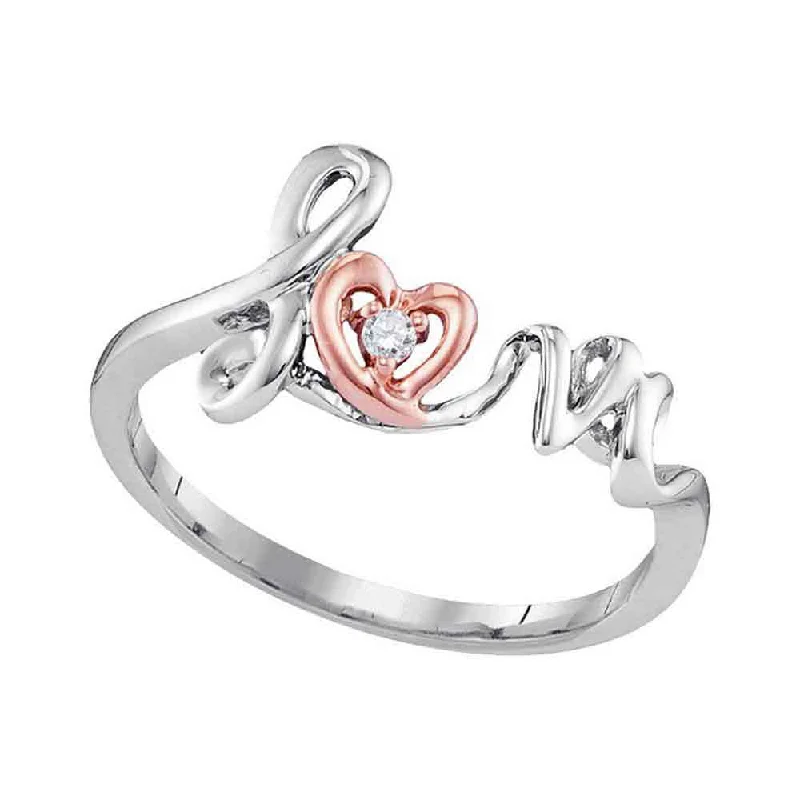 chiseled silver band ring-10kt Two-tone Gold Womens Round Diamond Love Heart Ring .02 Cttw - Size 8