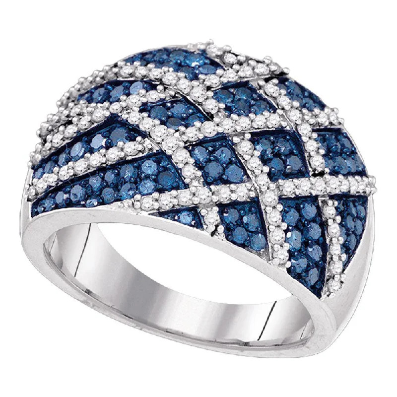 ten-gem ring-10kt White Gold Womens Round Blue Color Enhanced Diamond Cocktail Lattice Ring 1-1/3 Cttw