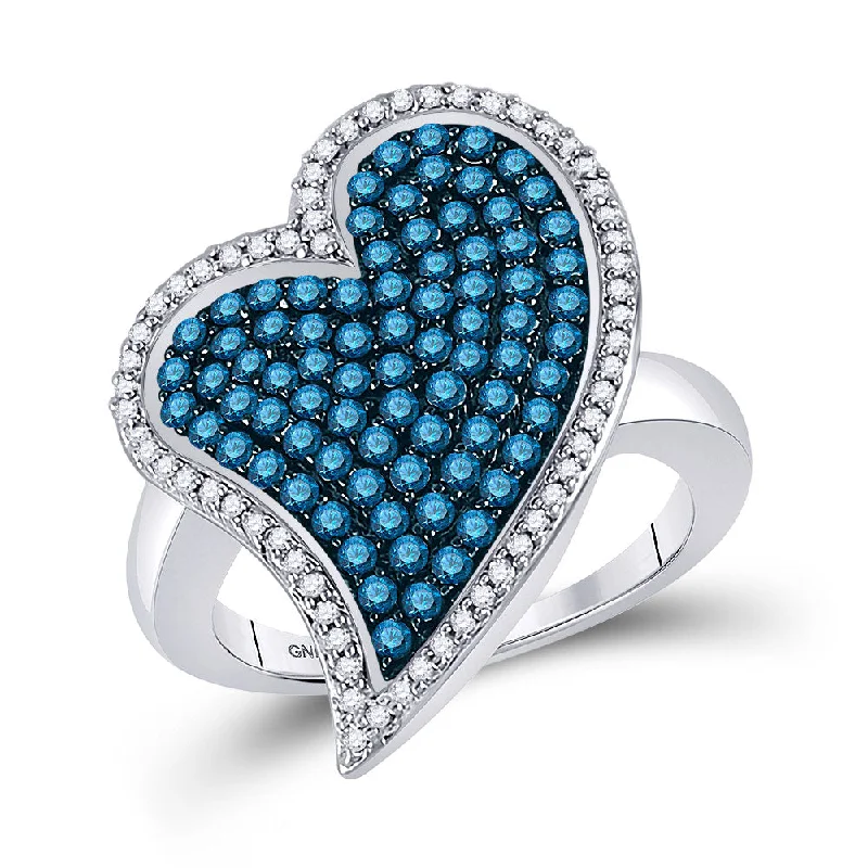 satin black onyx ring-10kt White Gold Womens Round Blue Color Enhanced Diamond Large Heart Cluster Ring 1-3/8 Cttw