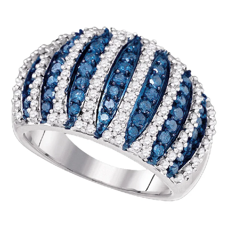 uncut turquoise ring-10kt White Gold Womens Round Blue Color Enhanced Diamond Striped Fashion Ring 1-5/8 Cttw