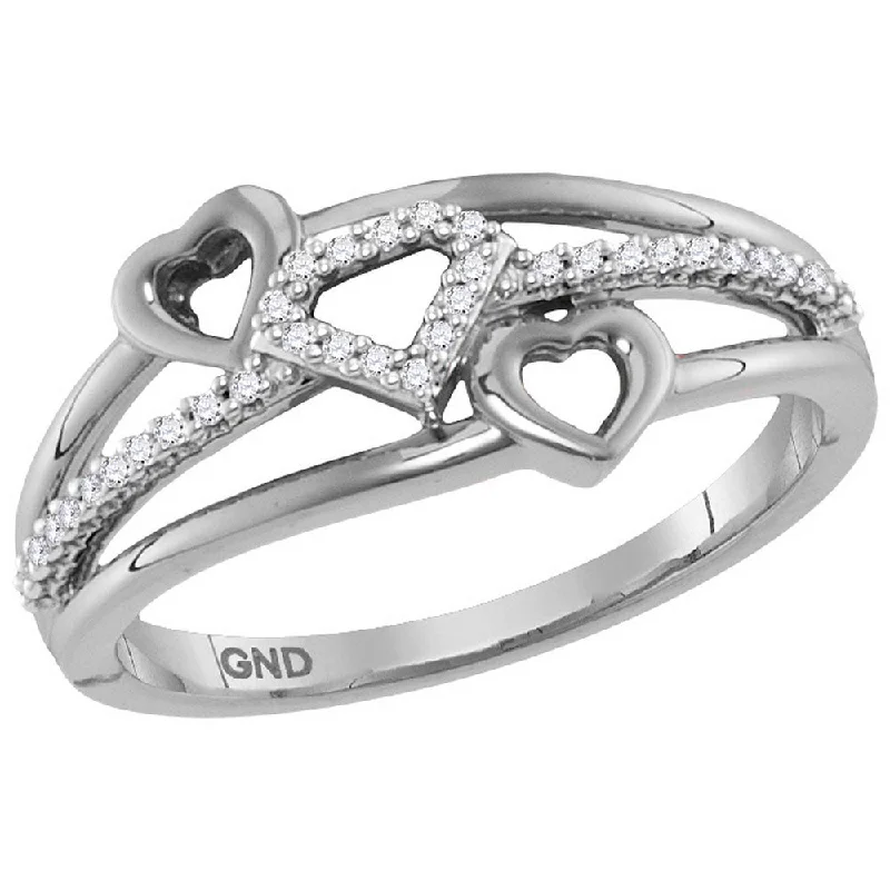 stamped couple ring-10kt White Gold Womens Round Diamond Double Heart Striped Band Ring 1/10 Cttw