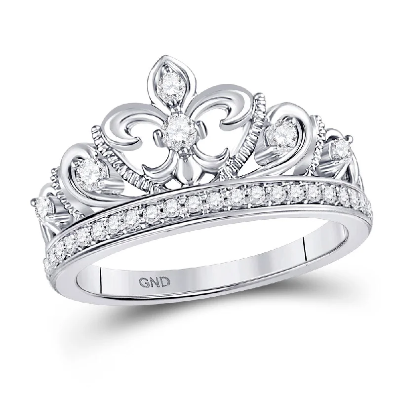 bendable birthstone ring-10kt White Gold Womens Round Diamond Fleur-de-lis Crown Ring 1/3 Cttw