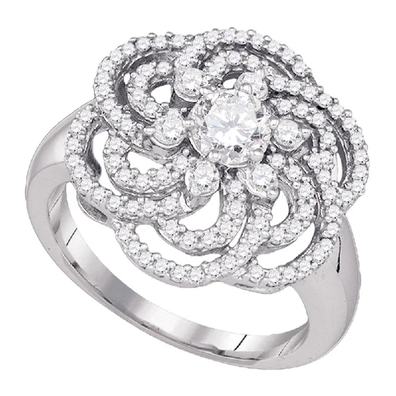 stamped wedding ring-10kt White Gold Womens Round Diamond Flower Solitaire Fashion Ring 1 Cttw