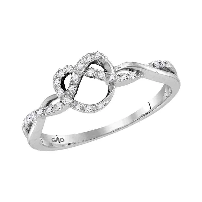 emerald healing ring-10kt White Gold Womens Round Diamond Heart Pretzel Ring 1/8 Cttw