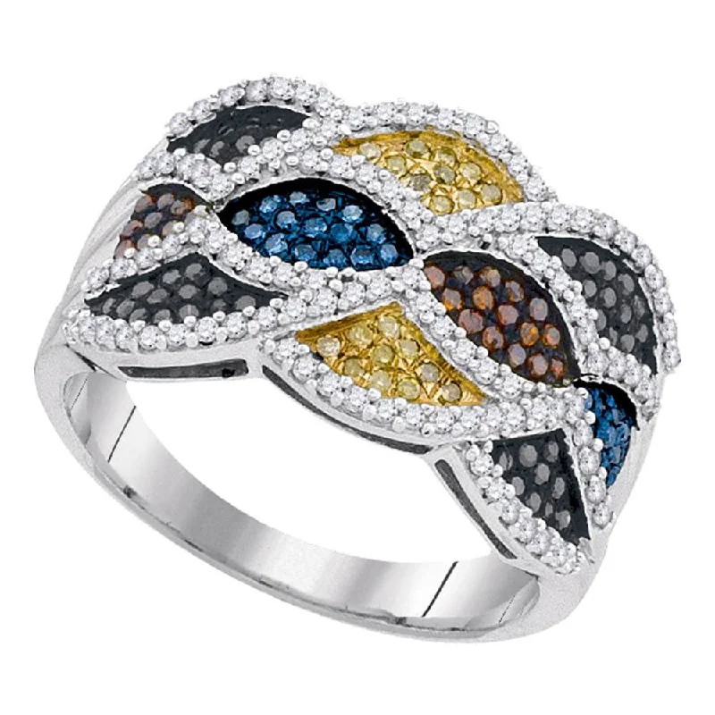 ridged silver ring-10kt White Gold Womens Round Multicolor Enhanced Diamond Fashion Ring 3/4 Cttw