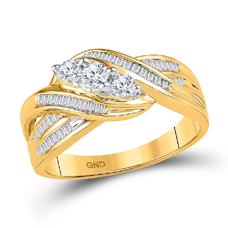 wanderlust aquamarine ring-10kt Yellow Gold Womens Round Baguette Diamond 3-Stone Crossover Band Ring 1/2 Cttw