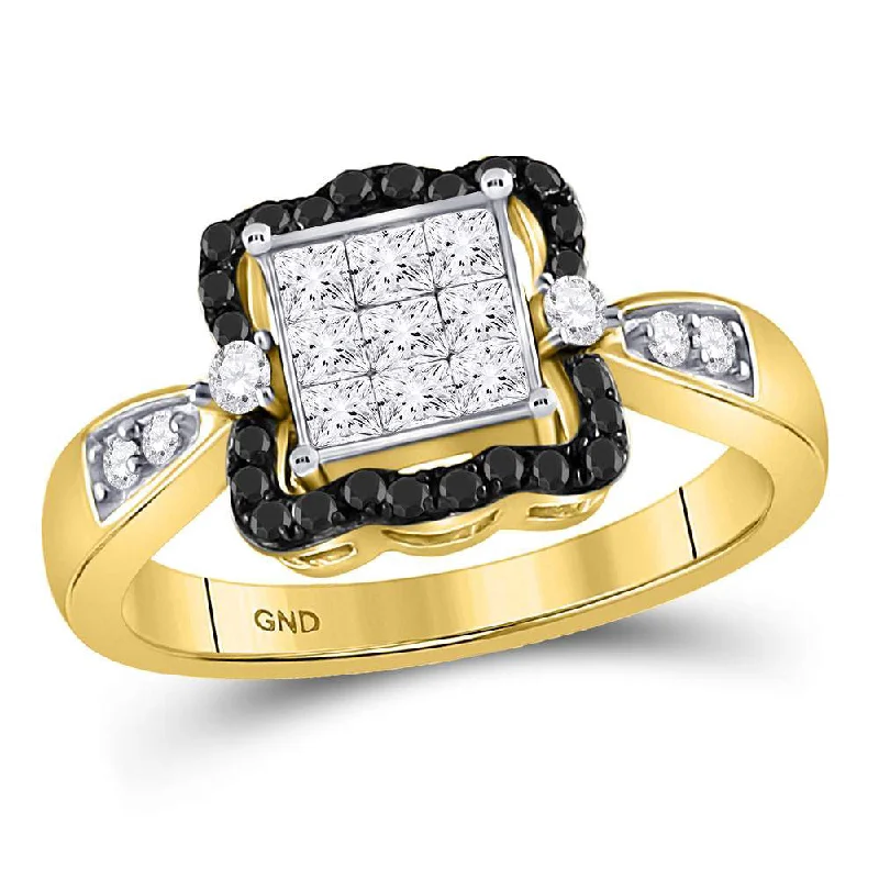 pearl knotted ring-10kt Yellow Gold Womens Round Black Color Enhanced Diamond Cluster Ring 3/4 Cttw